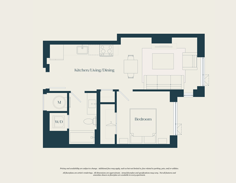 Floor plan for 1 bed, 1 bath, 538 sqft
